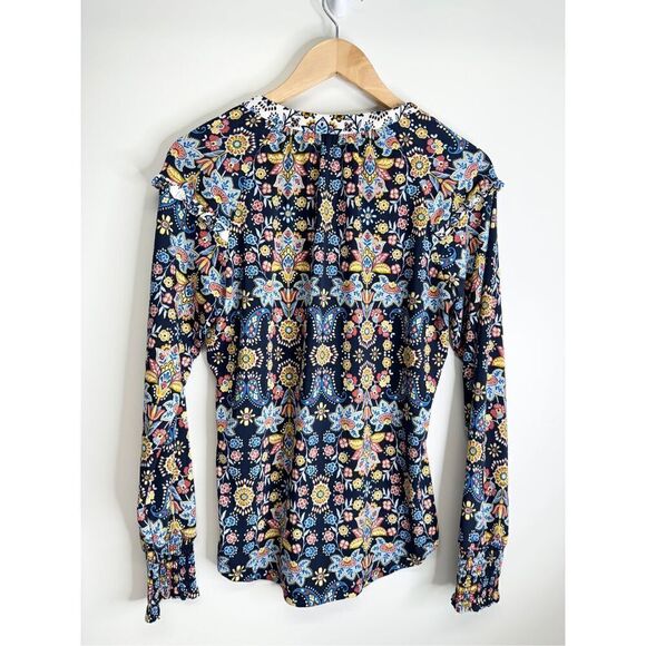 Belldini Womens Size Small Blue Floral Ruffled Long Sleeve Split Neck Blouse NWT - Picture 9 of 12